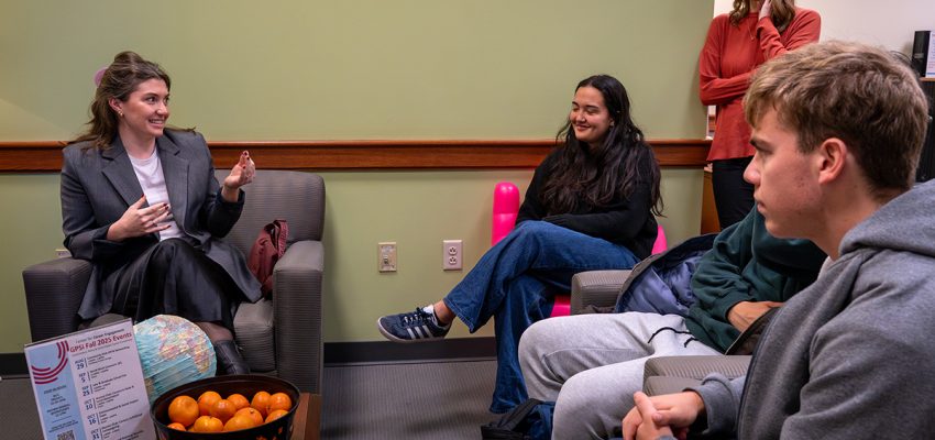 Oyster Reeves (left), WashU student Diana La Porte, WashU career center associate director Susan Craig, WashU student Daniel Niu (partially obscured) WashU student Ben Lumi