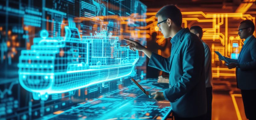 Engineering professionals interacting with holographic displays with ship schematics in an industrial setting. Working together in design, engineering or strategic planning.